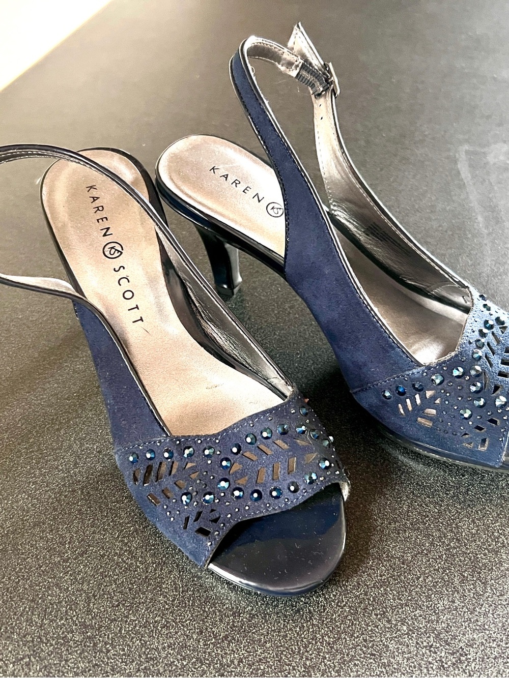Karen Scott Navy Suede-Look Slingback Heels with Rhinestone Cutouts
